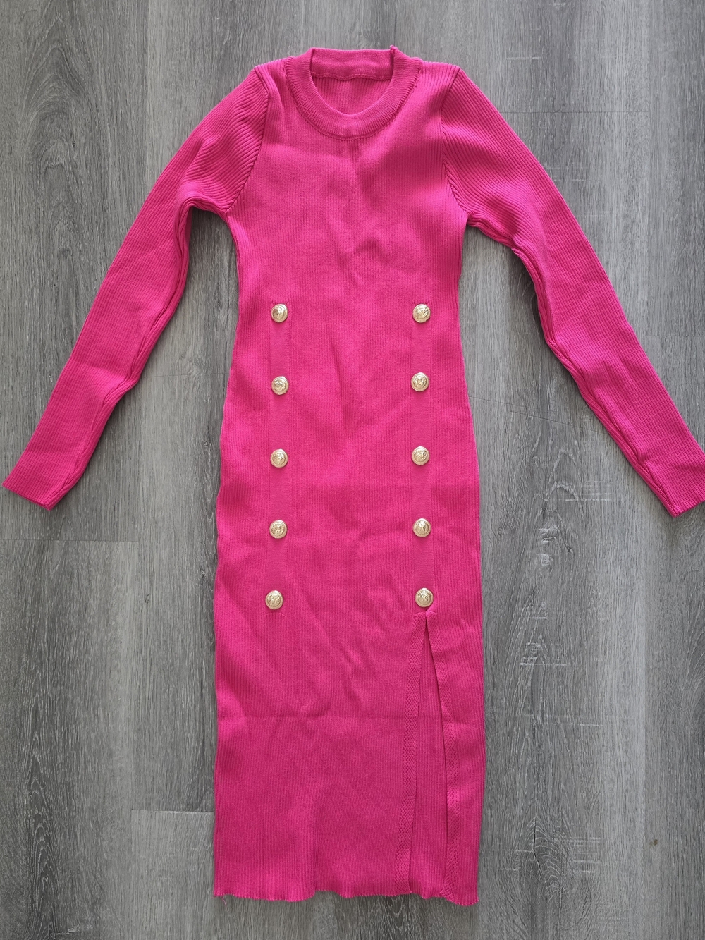 Fuchsia Long Sleeve Ribbed Midi Dress with Gold Buttons